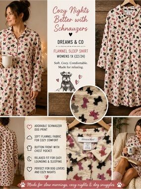 Dreams & Co Sleep Shirt 1X 22/24 Schnauzer Dog Print Flannel Lounge Cozy Pajamas